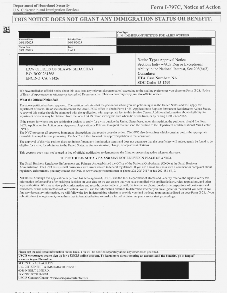 Case Approvals NIW EB1